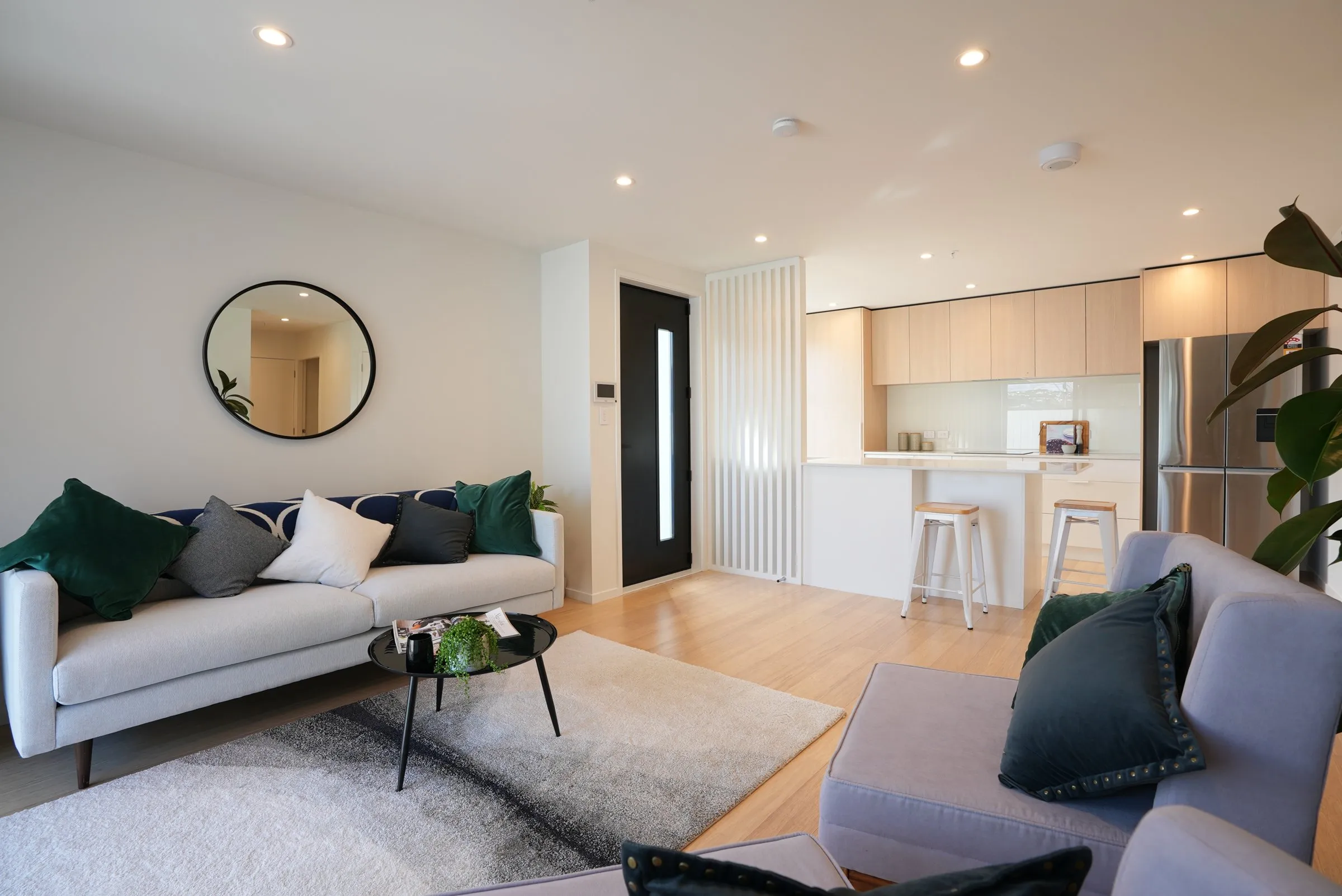 Open plan living with timber floors