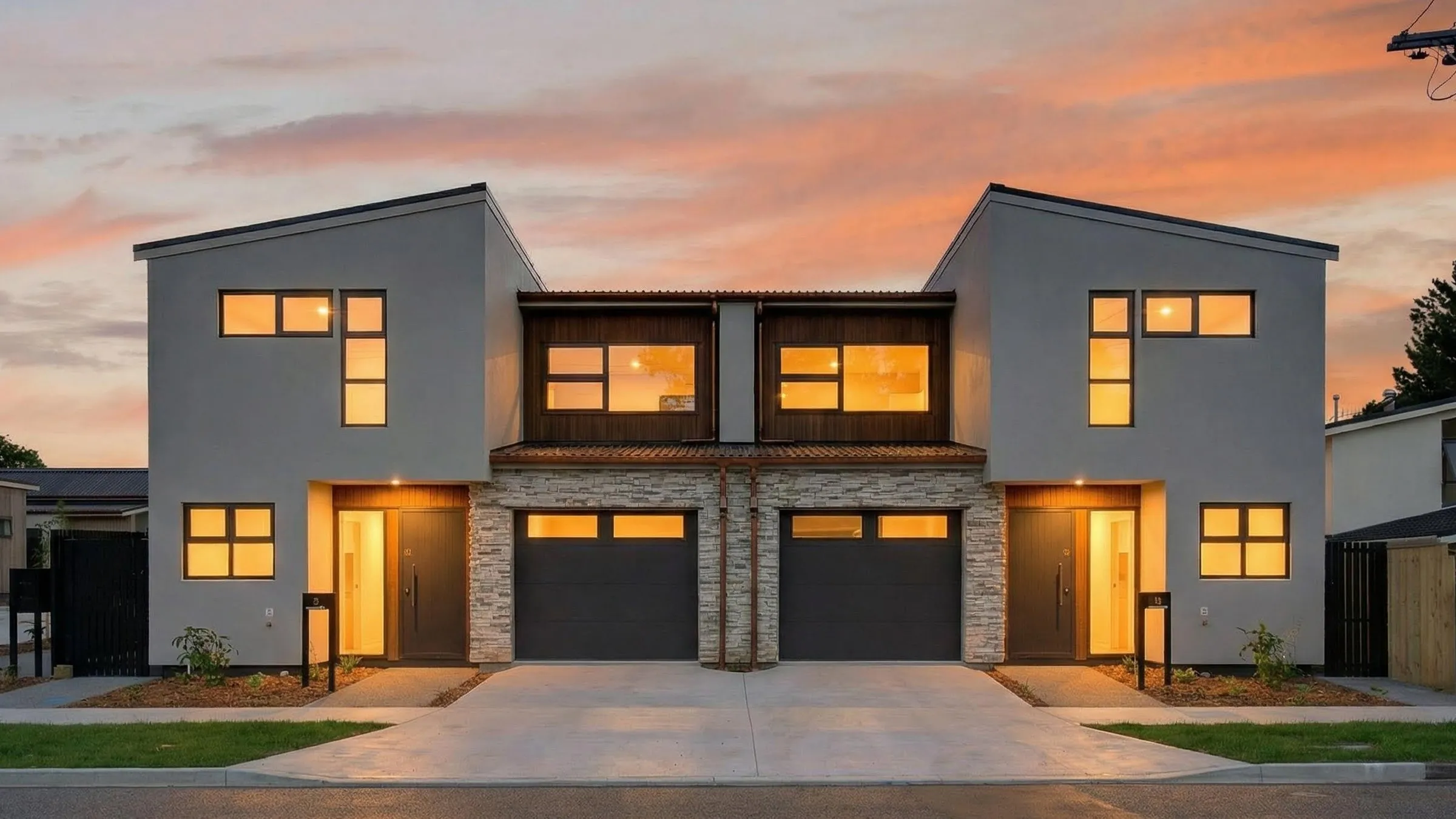 Ngarara Villas at dusk, lit two storey villas on a quiet Waikanae street