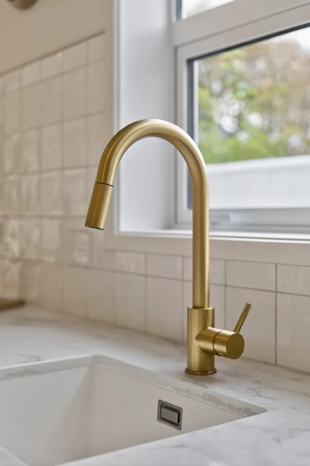 Brushed gold tapware in a Lola Cuba kitchen